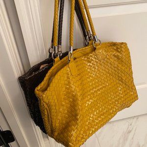 Two patten leather woven totes